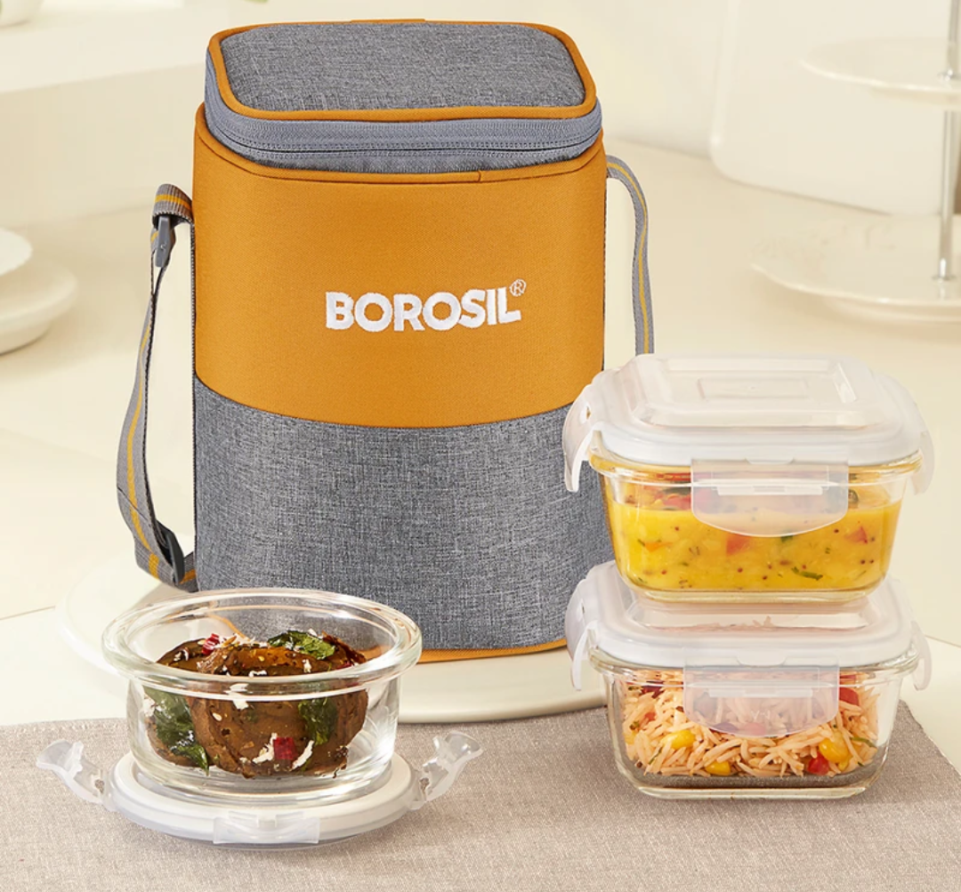 (Liveshop) Borosil Zest Borosilicate Glass Lunchbox, 3pc Set (320ml x 2 + 240ml x 1), Office Tiffin 3 Containers Glass Office Lunch Box