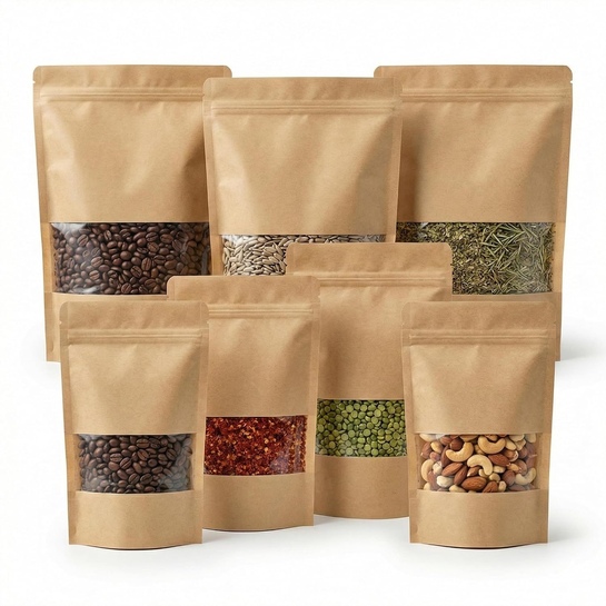 Kraft Paper Zip Lock Stand Up Pouches 50 Pcs | 12x20cm | Transparent Window | Food Packaging