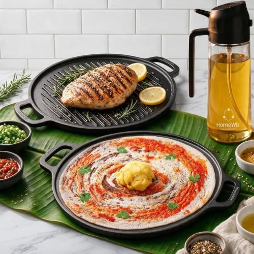 HomeWiz 2-in-1 Cast Iron Non Stick Tawa & Grill Pan 30 cm | Free Oil Dispenser 500ml | ₹2800 Coupon]