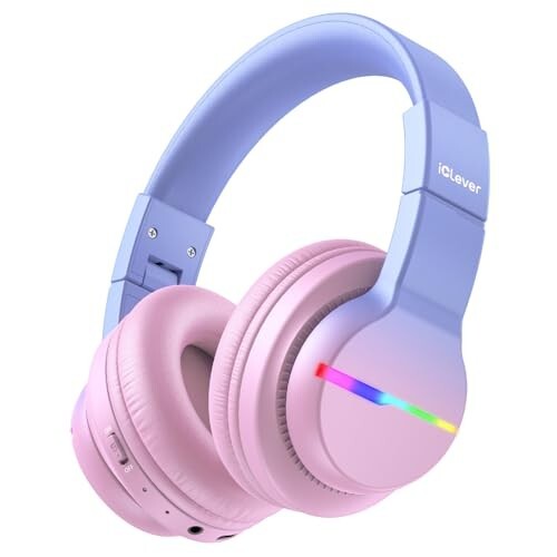 iClever BTH12 Kids Headphones, Colorful LED Lights Kids Bluetooth Headphones with 74/85/94dB Volume Limited Over Ear, 40H Playtime, Built-in Mic for School/Tablet/PC/Airplane (Gradient Pink)