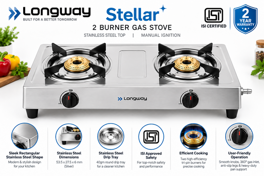 Longway Stellar Stainless Steel Top, 2 Burner Manual Ignition Stainless Steel Gas Stove (Silver, ISI Certified, 2 Year Warranty)