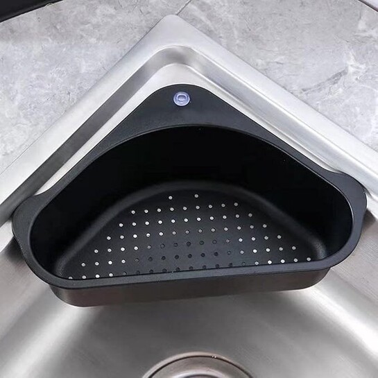ANKUL Triangle Kitchen Sink Organizer with Corner Strainer Basket, Drain Drainer Storage Rack, Food Catcher, Waste Collector Tray (MIN 1 Quantity, Black)