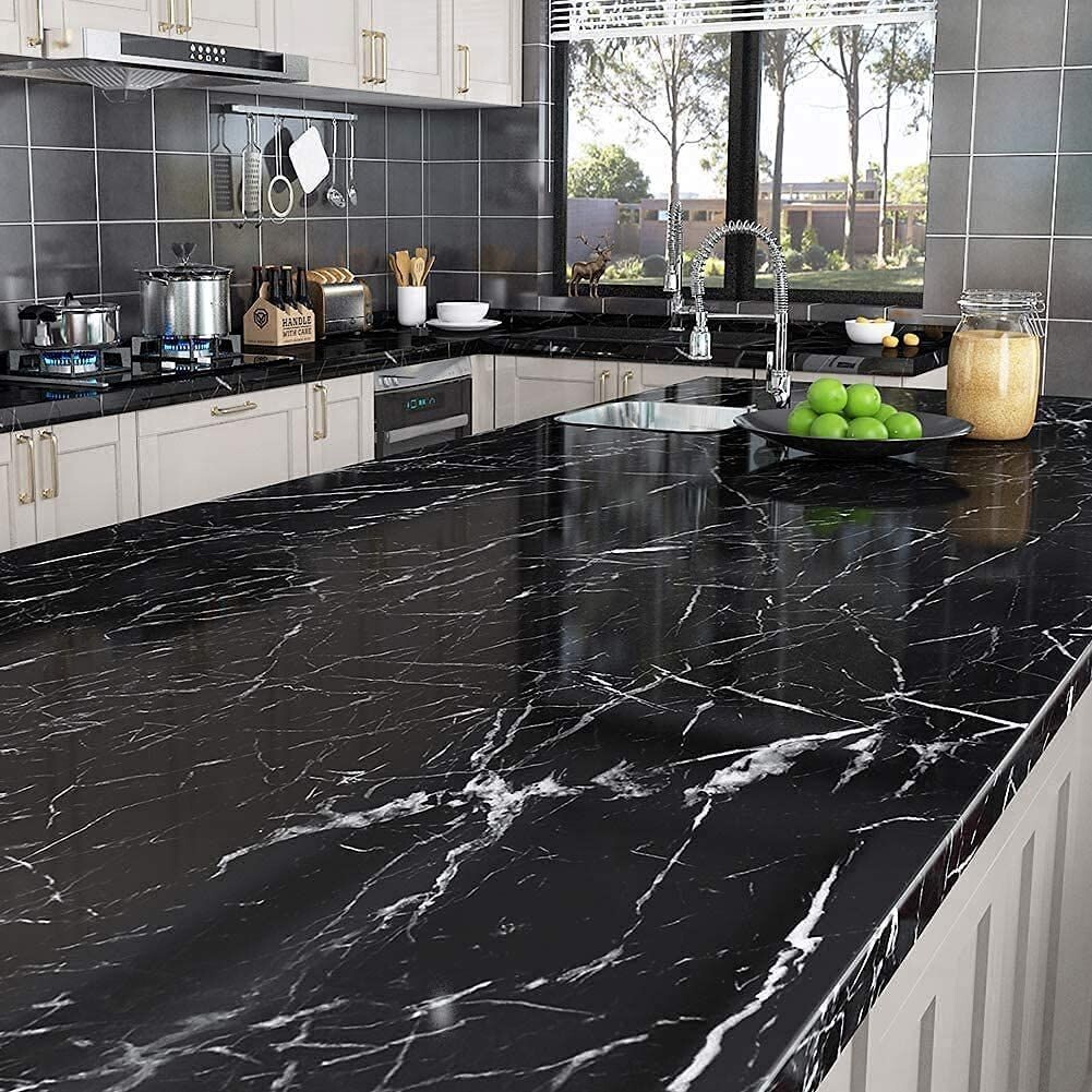 Arto Black Marble Kitchen Oil Proof Aluminium Foil Stickers, Kitchen Backsplash Wallpaper, Self-Adhesive Wall Sticker Waterproof Anti-Mold and Heat Resistant for Walls Drawer (Pack of 1)