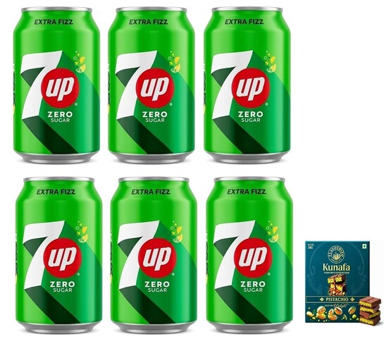 7UP Zero Sugar Carbonated Soft Drink, Extra Fizz, Lemon Flavour, 300mL X Pack of 6 Cans (From UAE) Get Flavourito Kunafa Chocolate 20g Absolutely Free By DECADENT FOODS