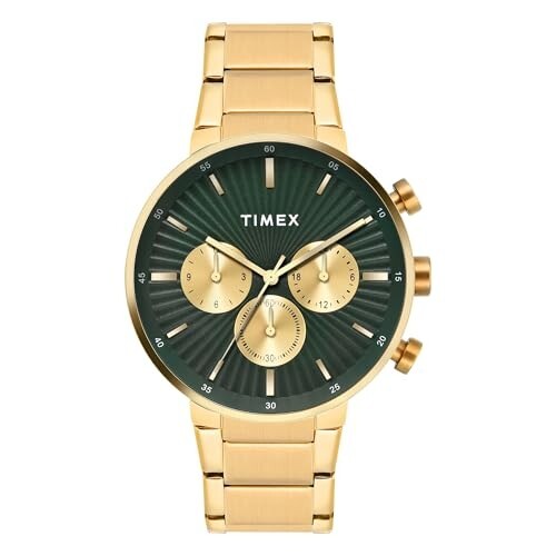 TIMEX Men's Classic Green Dial Quartz Analog Watch with Leather/Stainless Steel Strap