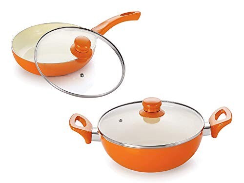 NIRLON Ceramic Induction Base Non-Stick Aluminium Fry Pan and Kadhai with Glass Lid - Set of 2 (Orange)