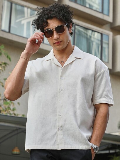 CAHOOT Men Comfort Relaxed Fit Cuban Collar Textured Cotton Casual Shirt