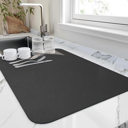 Dish Drying Mat Large – Water Absorbing Mat for Kitchen, Kitchen Drying Mat for Wet Utensils, Drying Mat for Kitchen Utensils Black (40 x 60 Cm)