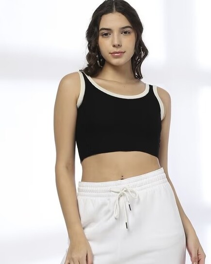 Teamspirit Women Jet Black Ribbed Fitted Tank Top - Buy Online | AJIO