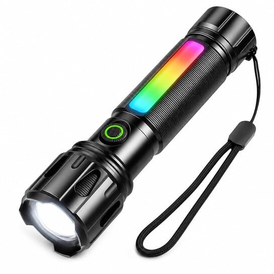 Kopdkes Torch Light High Power Rechargeable, Rechargeable Flashlight with RGB Light, High Lumens LED Flashlight with 13 Modes & Zoomable Beam, Magnetic Flash Light for Camping, Hiking, Emergency, Home