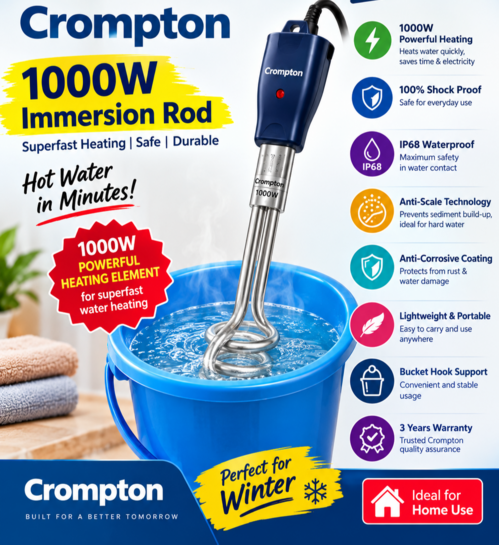 Crompton 1000W Immersion Rod – Superfast Heating | 100% Shock Proof | 3 Years Warranty