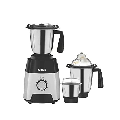 Borosil Silverline Mixer Grinder, for Wet/Dry Mixing & Grinding, 750 Watts, 3 Stainless Steel Jars 