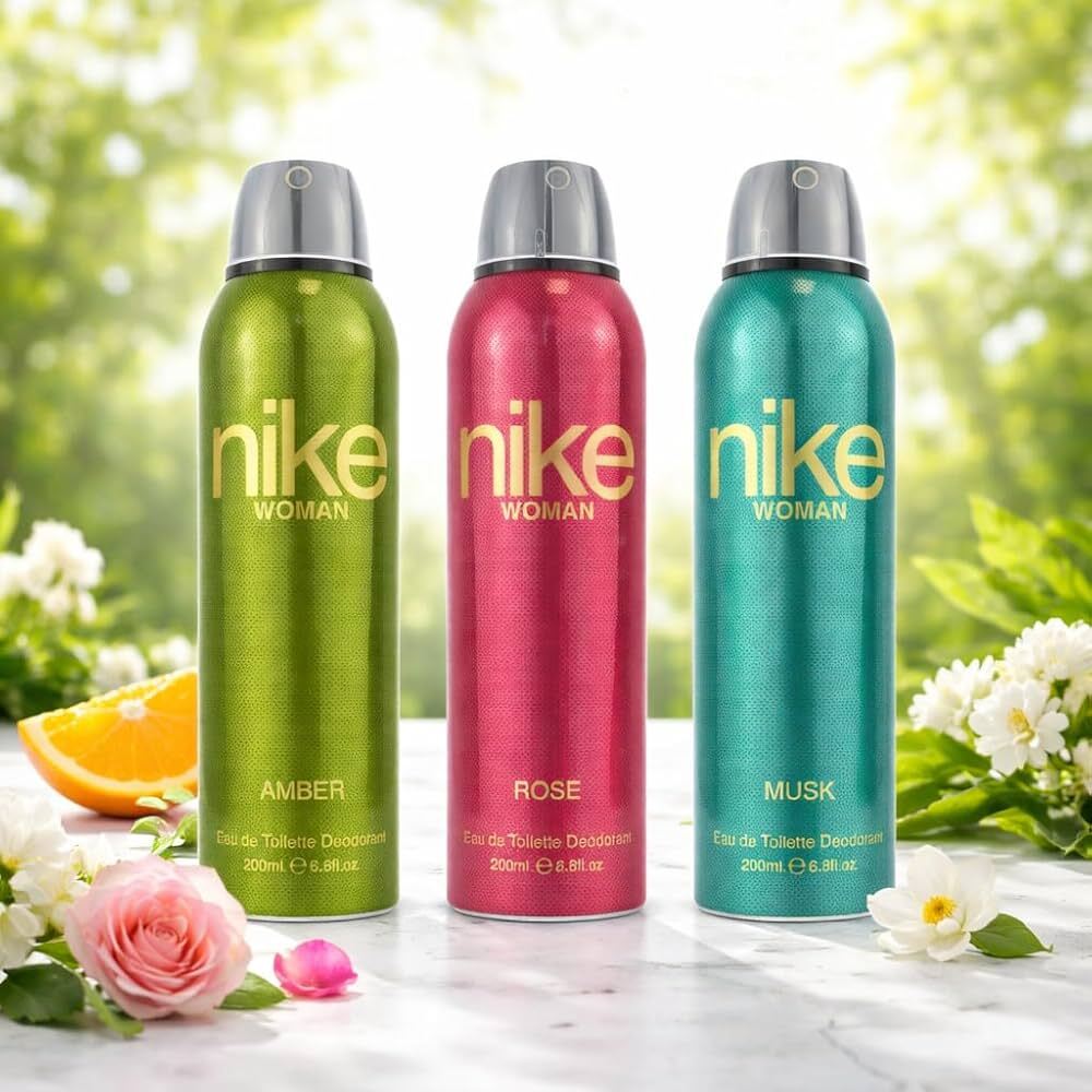 Nike Women Deodorant Spray Combo (Amber + Rose + Musk) – 200ml Each | Pack of 3 Long Lasting Body Spray | Odour Control & Freshness | Deo for Women 