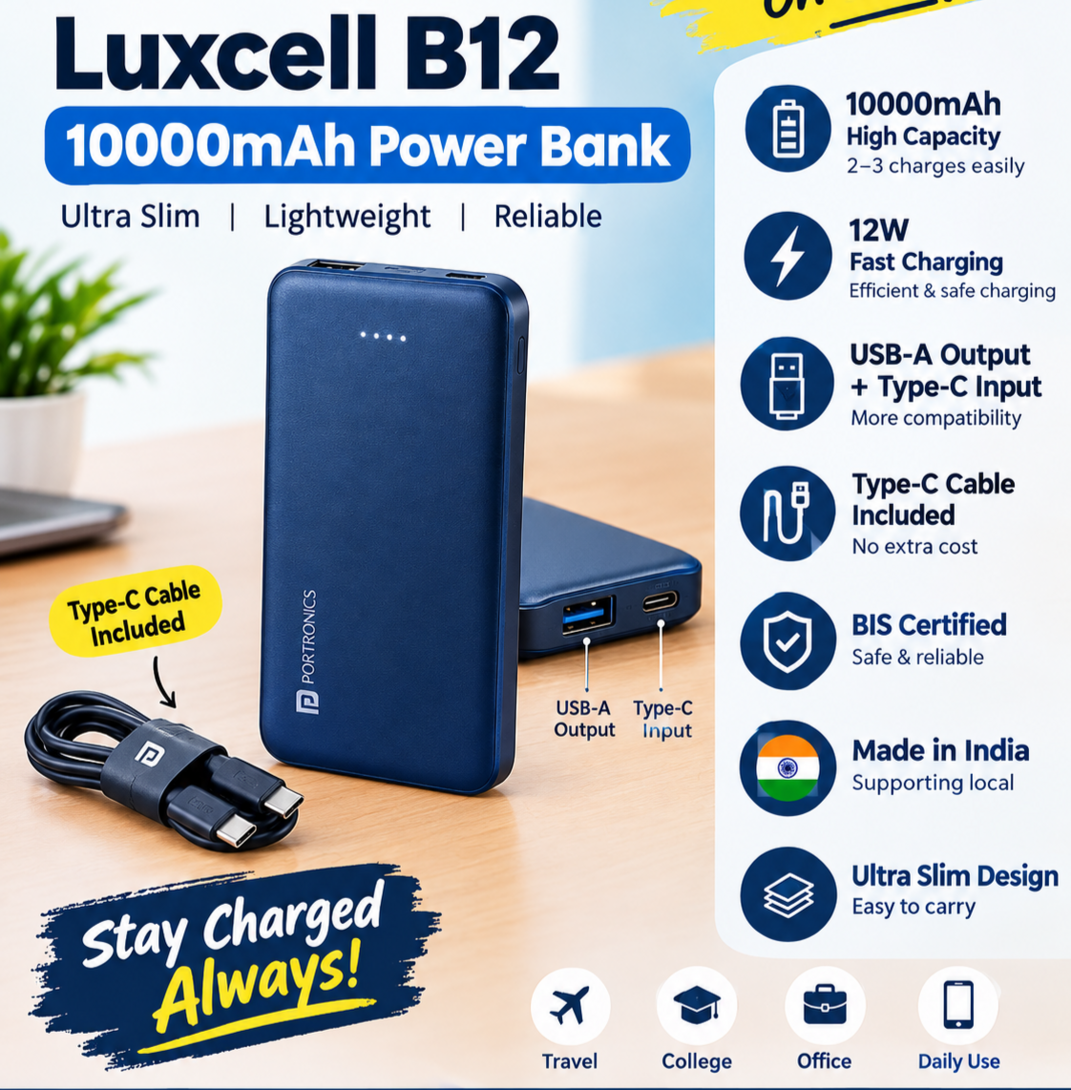 Portronics Luxcell B12 10,000mAh Power Bank with USB-A Output & Type-C Input