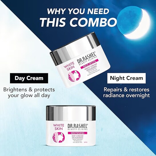 DR.RASHEL White Skin Complete Day & Night Skincare Combo | Dark Spot Removal, Brightening & Rejuvenation | All Skin Types | For Men & Women | 50g x 2