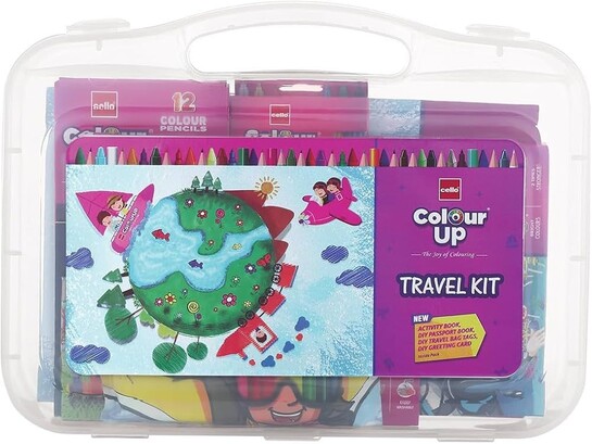 Cello ColourUp Travel Kit | Includes Crayons, Colour Pencils, Sketch Pens, Clay, DIY Passport & Bag Tag | Travel Friendly Suitcase Pack | Ideal for Kids Gifting, Multicolor