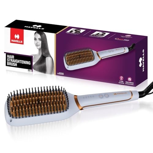 Havells Keratin Infused Hair Straightener Brush With Temperature Control For All Hair Types|Auto Shut off After 45 Minutes| 1.8mm Swivel Cord |2 Years Guarantee| HS6000