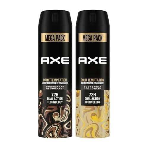 Axe Dark Temptation Men's Deodorant + Axe Gold Temptation Long Lasting Deodorant Bodyspray For Men, With An Irresistible Scent 215ml, Pack of 2