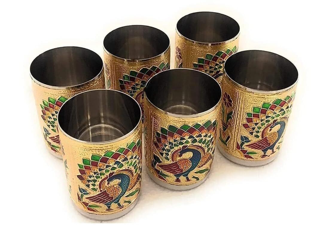 Stainless Steel Meenakari Peacock Design Glass Set of 6 Decorative Tumblers with Storage Bag,  Durable Gift for Weddings & Festivals