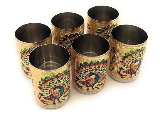 Stainless Steel Meenakari Peacock Design Glass Set of 6 Decorative Tumblers with Storage Bag, Durable Gift for Weddings & Festivals