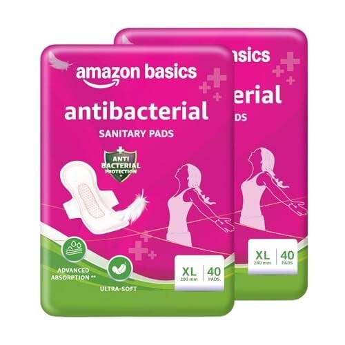Amazon Basics Anti-Bacterial Sanitary Pads for Women XL | 80 Count (40 X Pack of 2)