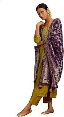 Libas Women's Bright Yellow Silk Blend Embroidered Kurta Set with Embellished Dupatta