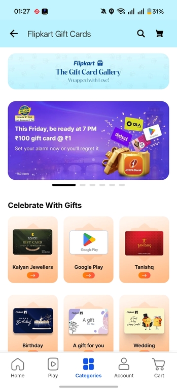 (Upcoming ) ₹1 Gift Card Sale | Flipkart Big Billion Days – ₹100 Gift Card @ just ₹1 