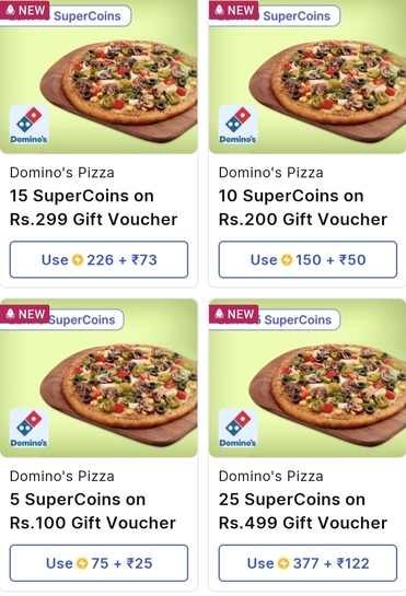 Supercoins - Get Dominos gv at 75% off with extra 5% supercoins as cashback