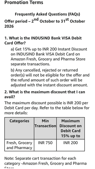 15% up to INR 200 Instant Discount on INDUSIND Bank VISA Debit Card on Amazon Fresh, Grocery and Pharma