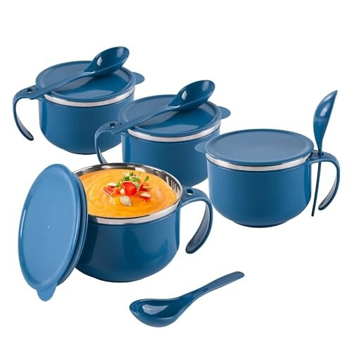 Kuber Industries Pack of 4 Airtight-Lid 600ml Stainless Steel Soup Bowl with Spoon & Holder | Leakproof Food Container for Noodles Pasta & Milk | Maggie Bowl & Souptok for Eating | Navy Blue