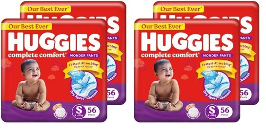 Huggies Complete Comfort Wonder Pants | Pant Style Baby Diapers S Size, 112 Count | India's Fastest Absorbing Diaper, Patented Dry Xpert Channel, Ideal for 4 to 8 Kgs (Pack of 2)