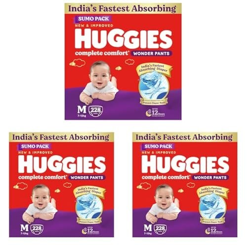 Huggies Complete Comfort Wonder Pants | Pant Style Baby Diapers Medium Size (M), 228 Count (76 Count, Pack of 9)