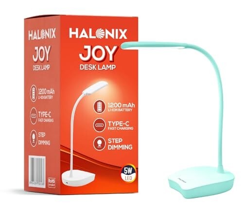 Halonix Joy Rechargeable Desk Lamp with C-Type Charging | LED Study Table Lamp with Step Dimming | Li-ion Battery | Portable Eye-Care Light for Study, Work & Home Use