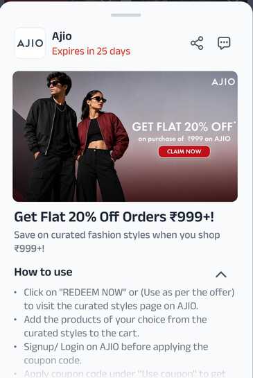 Ajio Flat 20% OFF on Rs.999+ | Airtel Thanks Coupon - For Sale at Rs.50