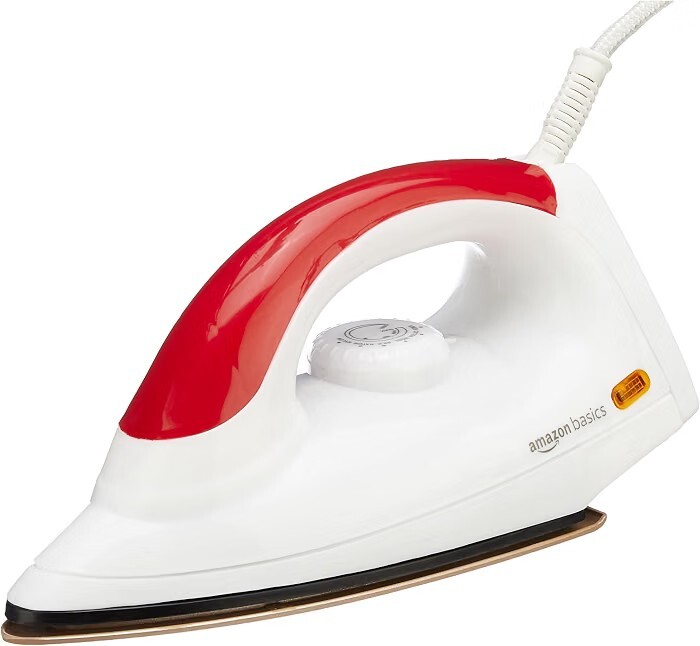 amazon basics 1000 Watts Dry Iron with Non-Stick Soleplate | Stainless Steel Base | Ergonomic