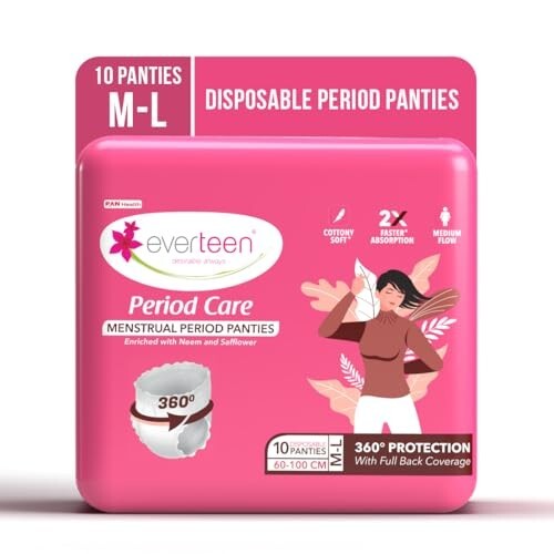 everteen Period Care M-L Disposable Period Panties For Women, Cottony Soft, Menstrual Sanitary Pads Panty Enriched with Goodness of Neem and Safflower – 1 Pack (10 Panties) 2x Faster Absorption, 360°