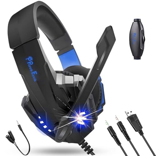 PunnkFunnk K20 Gaming Headset with Noise Isolating Microphone, Stereo Sound, LED Lights, Adjustable Headband, USB Powered & 3.5mm Jack, Compatible with PC, Laptop, PS4, Xbox & Mobile (Black/Blue)