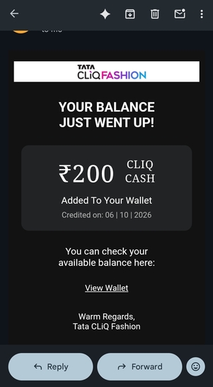 Tata cliq credited Rs200 free cash check your mail