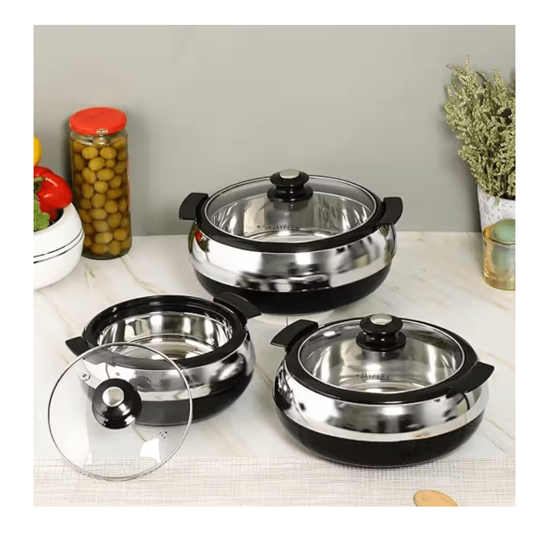 Jaypee Glasserole Casserole Set with Glass Lid (800ml, 1200ml, 1700ml, Black) on Instamart