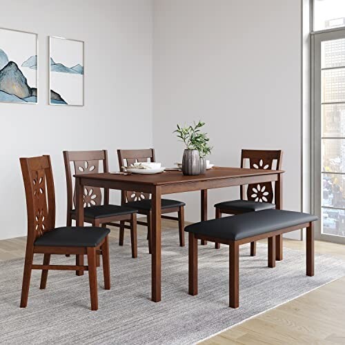 [Coupon + SBI CC ] home By Nilkamal Rigel 6-Seater Solid Wood Dining Set | Chairs + Bench
