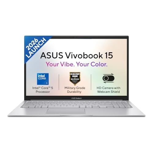 ASUS Vivobook 15 (2026),Intel Core 5 120U,(i5-14th Gen),Fingerprint Sensor,8GB RAM,512GB SSD,FHD,15.6"(39.6 cm),Win 11,M365 Basic(1Y),Office 24,Cool Silver,1.7 Kg,X1504VAP-IN011WS,Thin & Light Laptop