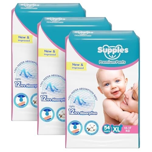 Amazon Brand - Supples Premium Baby Diaper Pants | 162 Baby Diapers | XL | 12-17 Kg | 54 x 3 Packs | 12 Hrs Absorption | Cushiony Cotton Soft Fabric | Phthalates-Free | Triple Leak Guard