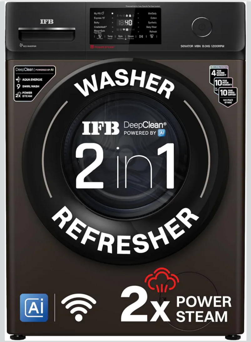 IFB 8 Kg 5 Star, 9 Swirl Wash, Steam Refresh, Eco Inverter Motor, WiFi Enabled, DeepClean®Ai Powered Fully Automatic Front Load Washing Machine(SENATOR MBN 8012, 2X Power Steam®,Inbuilt Heater,Mocha)