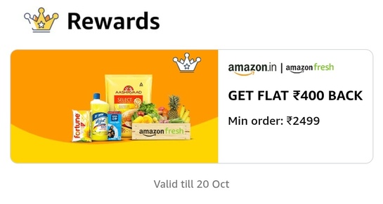 Get Flat Rs. 400 Cashback On A Min Rs. 2499 Amazon Fresh Order (Account Specific)