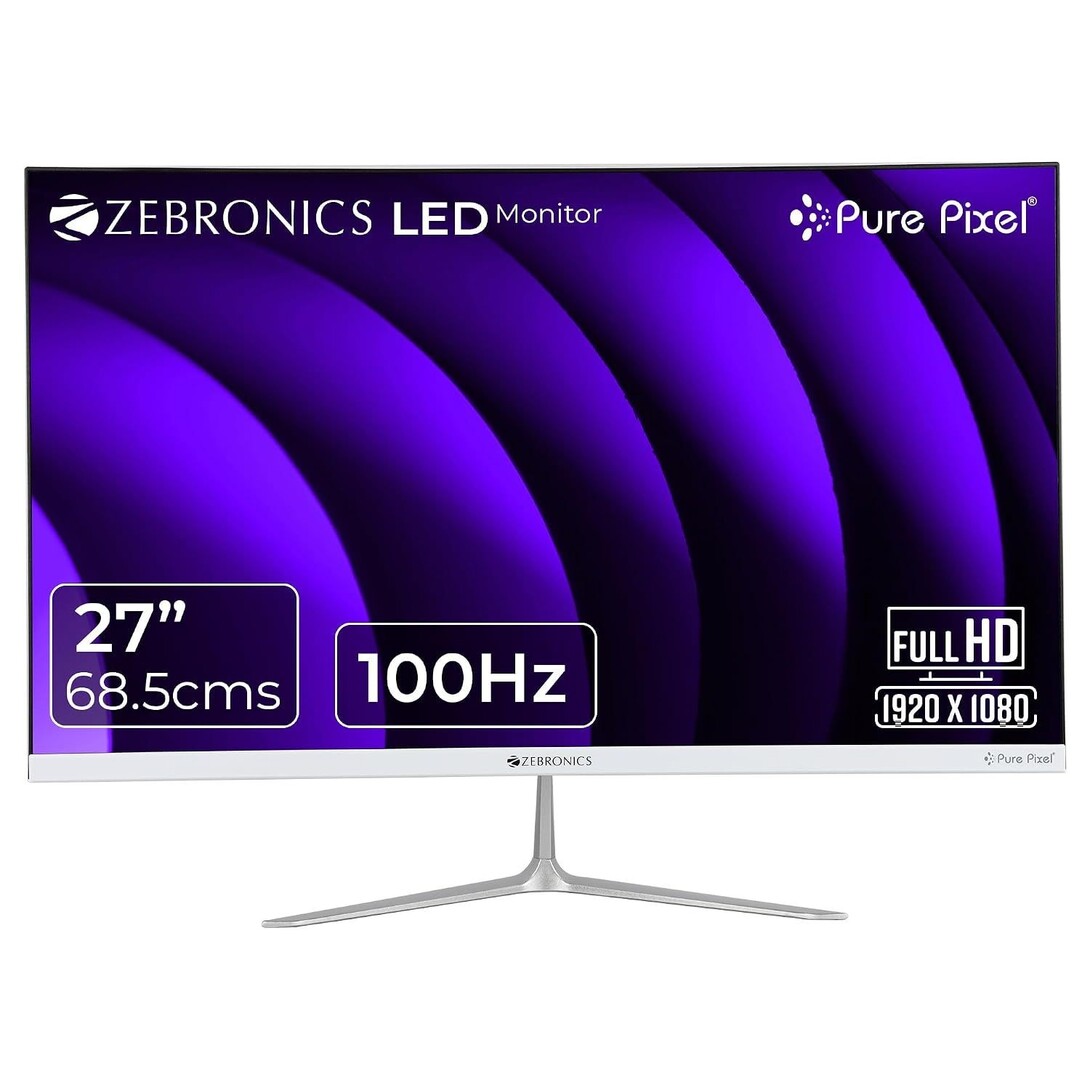 ZEBRONICS 27” (68.5 cm) Bezel-Less LED Monitor, 100Hz Refresh Rate, IPS Display, HDMI, VGA, FHD 1920x1080, 250nits, Built-in Speaker, 16:9 Aspect Ratio, Anti-Glare Screen, 16.7M Colors (SA127, White)
