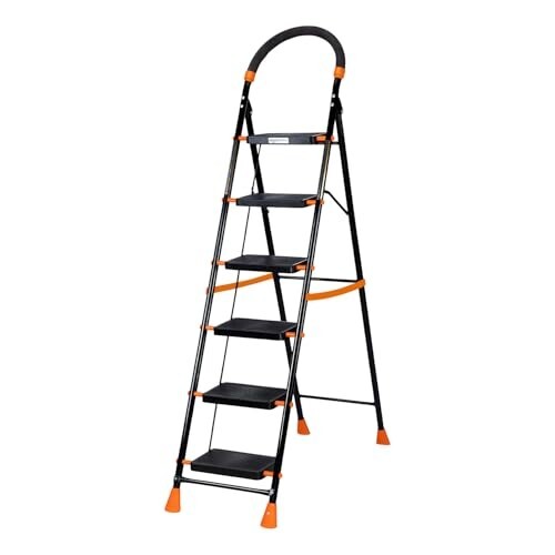 Amazon Basics 6-Step Foldable Steel Ladder with Knee Guard & Anti-Slip Ribbed Steps (Black & Orange)