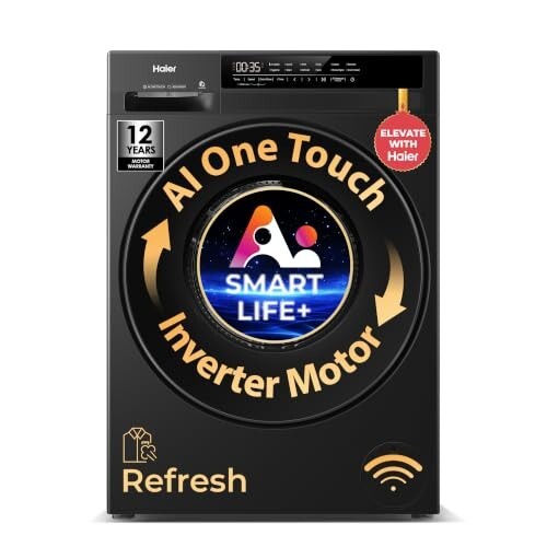 Haier 7 Kg AI One Touch, AI Smart Wash (AI-DBT), PuriSteam, 525mm Super Drum, In-Built Heater,WI-FI, Fully Automatic Front Load Washing Machine, (EFL70-IM12F3BKU1 | Black)