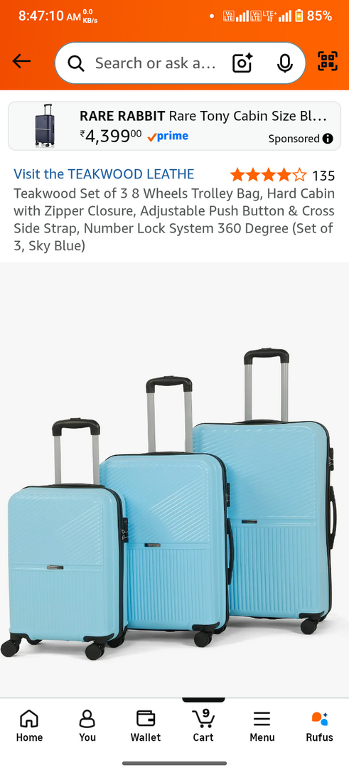 Teakwood Set of 3 8 Wheels Trolley Bag, Hard Cabin with Zipper Closure ...