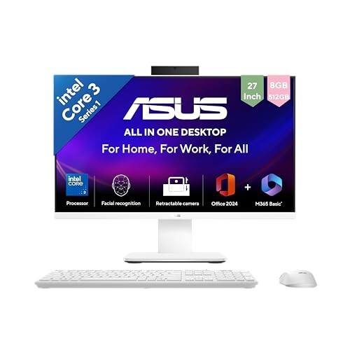 ASUS V470 (2026),Intel Core 3 100U (i3-14th Gen),8GB/512GB,FHD, 27"(68.5cm),Retractable Camera,Windows 11,M365 Basic(1yr),Office24,White,9 kg,V470VAB-KWC3003WS,Wireless Keyboard 