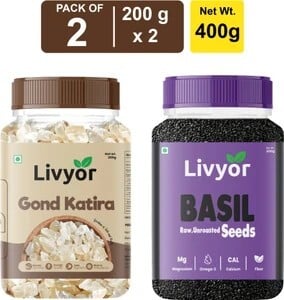 LIVYOR Gond Katira and Basil Seeds Combo Pack 200g x 2 | Sabja Seeds Assorted Seeds & Nuts